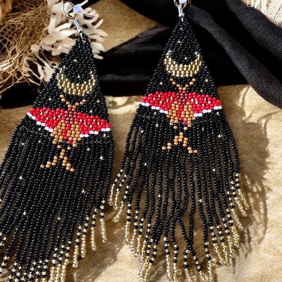 Bold Black Gold Silver Red Handmade Boho Witchy Beaded Earrings w/beaded fringe - Picture 7 of 16